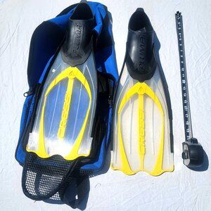 Cressi Pluma Italy Dive Fins Clear/Yellow RARE with MAUI DIVE SHOP Canvas Case
